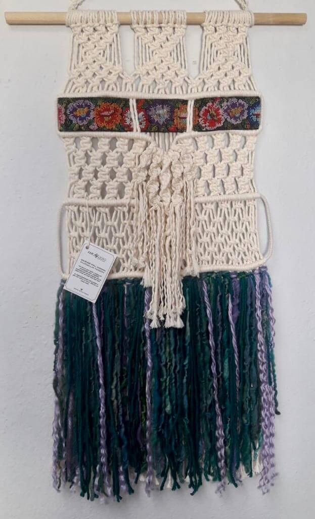 TAPIZ DECORATIVO DE MACRAME / CINTURÓN GUATEMALTECO / TONOS VERDE / AZUL